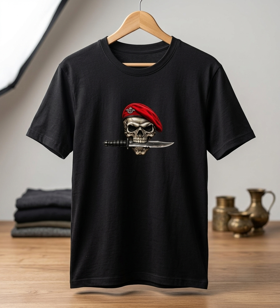 Skull Commando Red Beret Graphic | Unisex Classic Crew T-Shirt